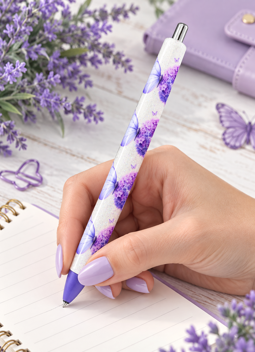 Handmade Purple Butterflies glitter pen with free refill