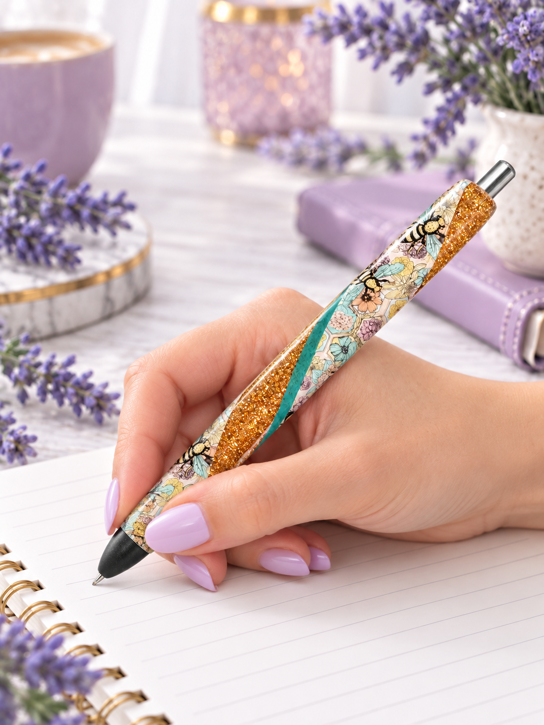 Handmade Boho Bees on gold glitter pen with free refill