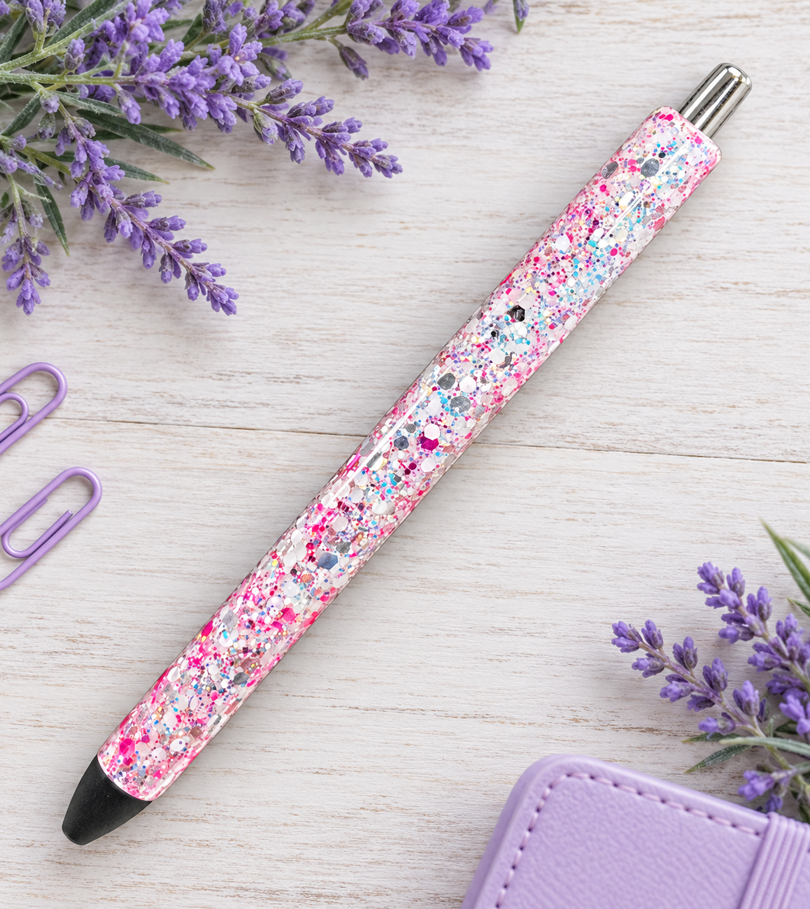 Handmade Pink White and Silver mix glitter pen with free refill