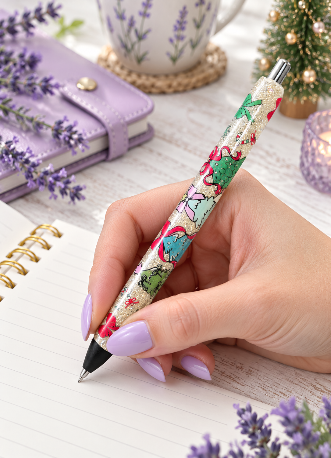 Handmade Christmas Trees on Platinum glitter pen with free refill