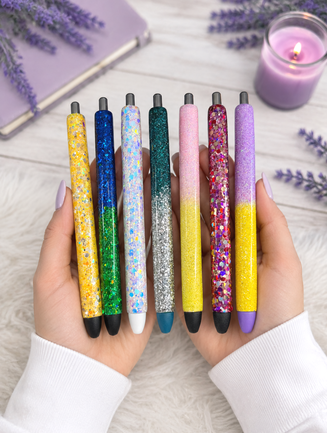 Handmade Yellow and Lavender ombre glitter pen with free refill
