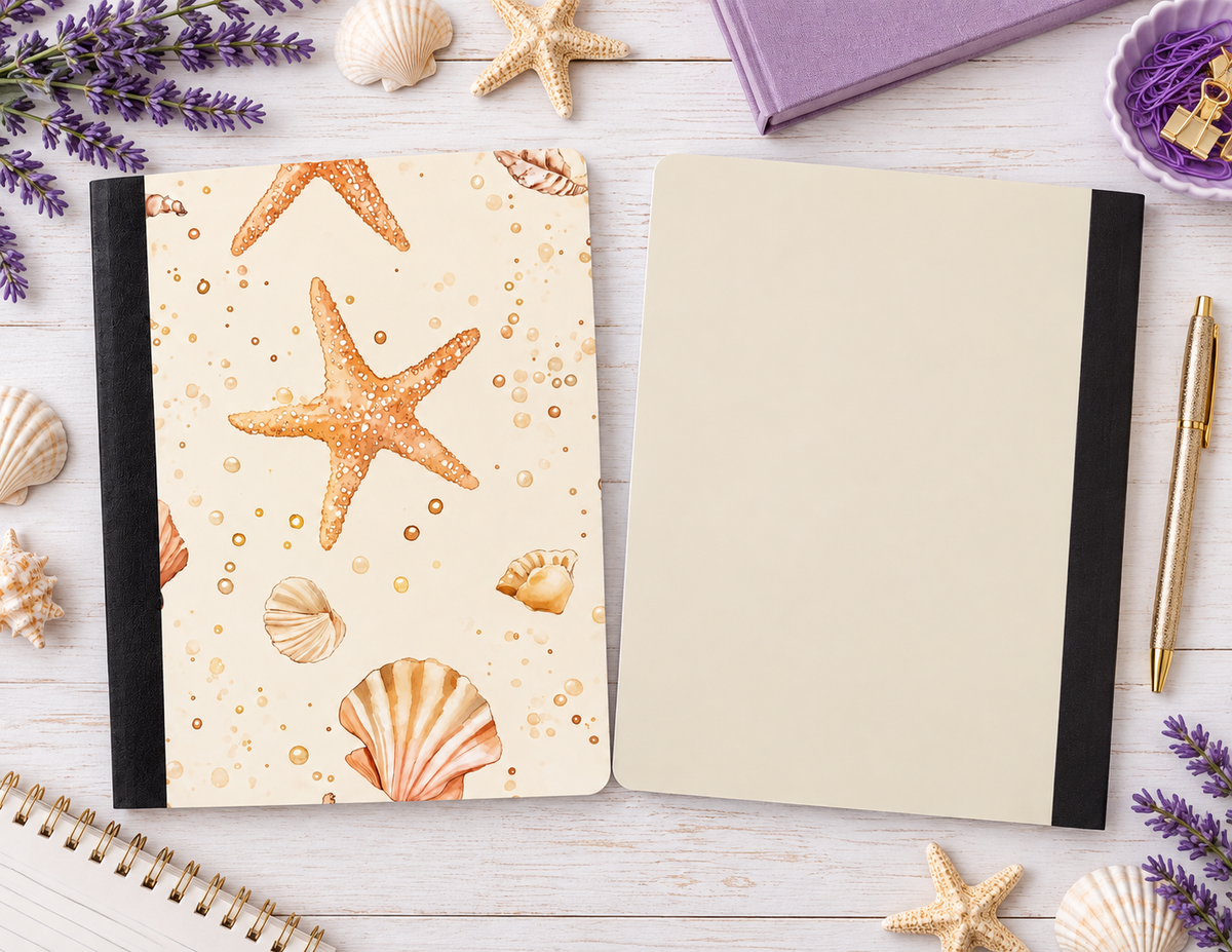 Decorative Vinyl Covered Composition Notebook SEASHELLS and STARFISH