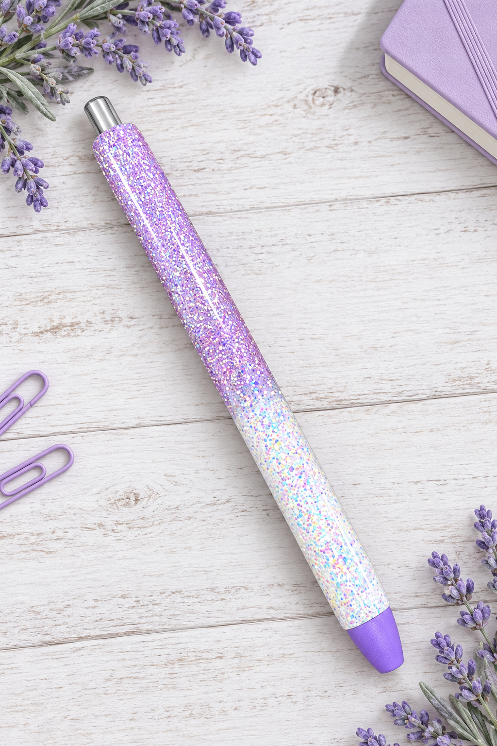 Handmade Orchid and Holographic WHite Ombre glitter pen with free refill