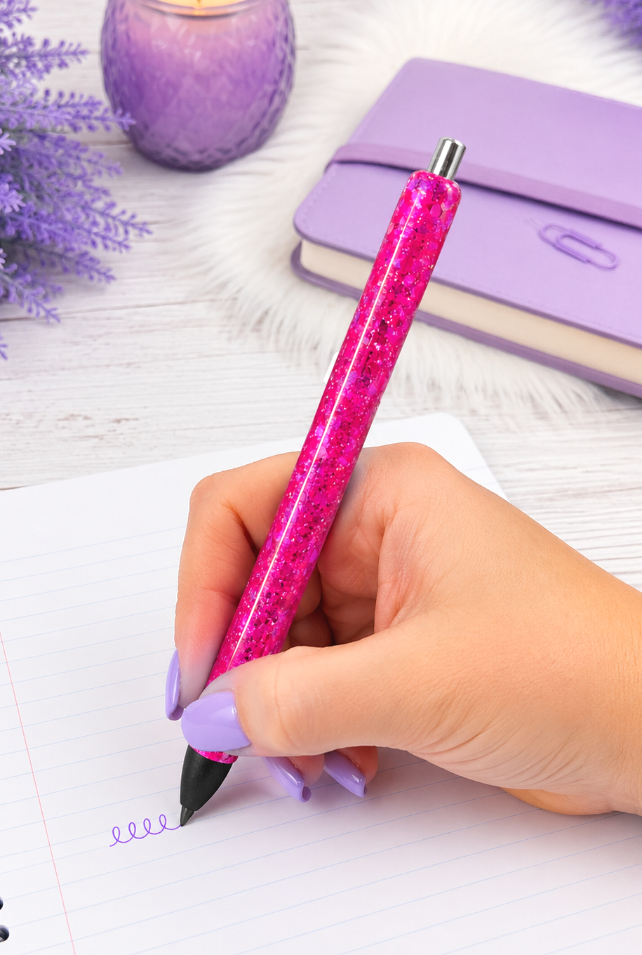 Handmade Hot Pink chunky glitter pen with free refill
