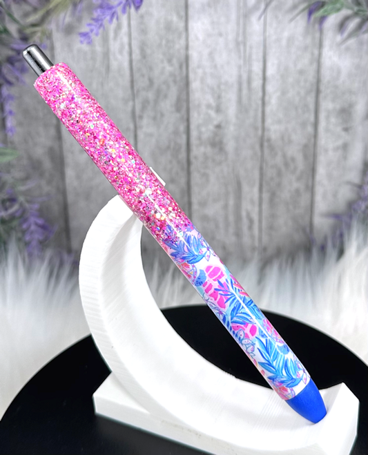 Handmade Pink and Blue Palm Leaves Ombre  glitter pen with free refill