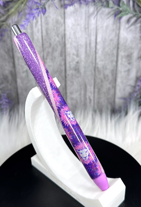 Handmade Pink and Purple Lion on pink glitter pen with free refill 2