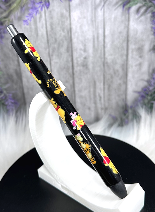 Handmade Baby Winnie the Pooh and Friends on black glitter pen with free refill