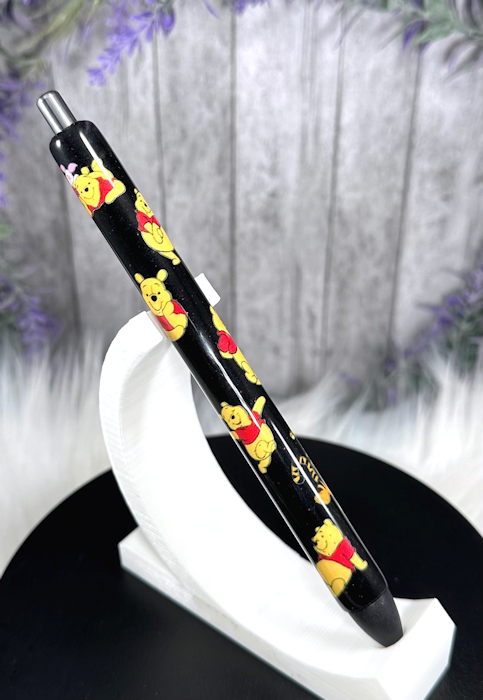Handmade Baby Winnie the Pooh and Friends on black glitter pen with free refill