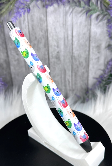 Handmade Colorful Cats on green glitter pen with free refill