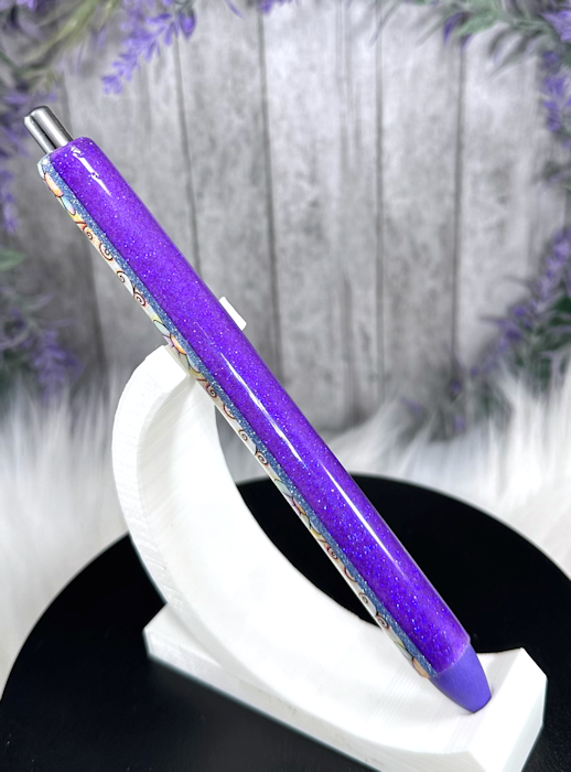 Handmade Retro Flowers on purple glitter pen with free refill