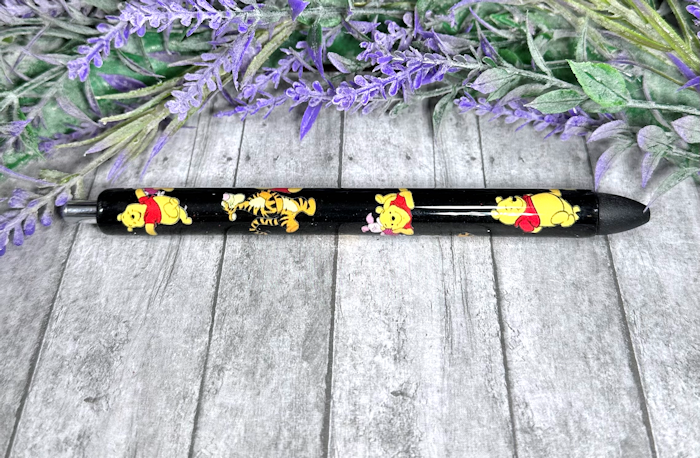 Handmade Baby Winnie the Pooh and Friends on black glitter pen with free refill