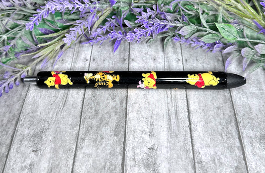 Handmade Baby Winnie the Pooh and Friends on black glitter pen with free refill