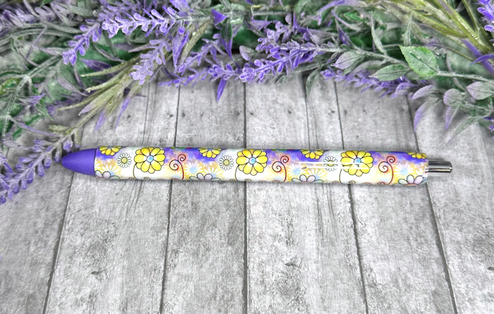 Handmade Retro Flowers on purple glitter pen with free refill