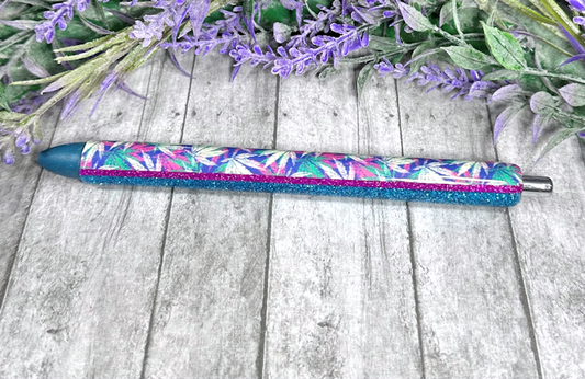 Handmade Marijuana Leaves on Blue glitter pen with free refill