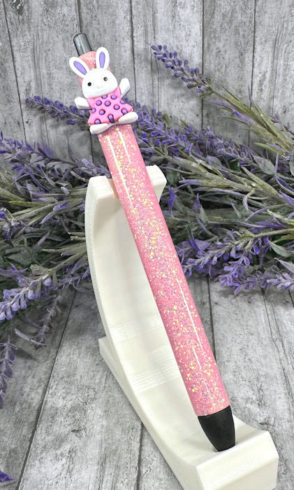 Handmade Easter Bunny on pink glitter pen with free refill