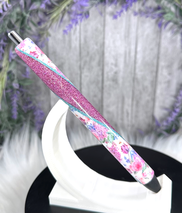 Handmade Flowers on pink glitter pen with free refill
