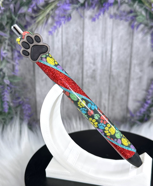 Handmade Dog Paws on red glitter pen with free refill