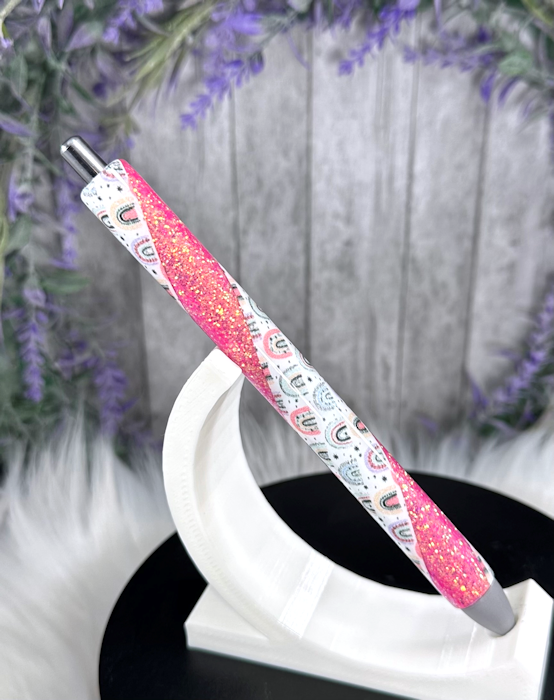 Handmade Boho Rainbows on pink glitter pen with free refill