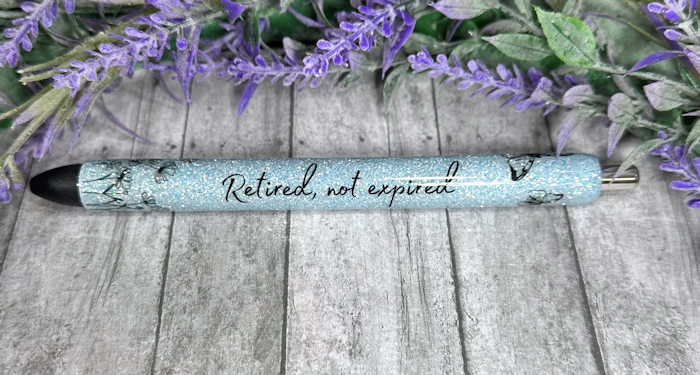 Handmade Retired on blue  glitter pen with free refill