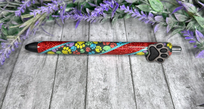 Handmade Dog Paws on red glitter pen with free refill