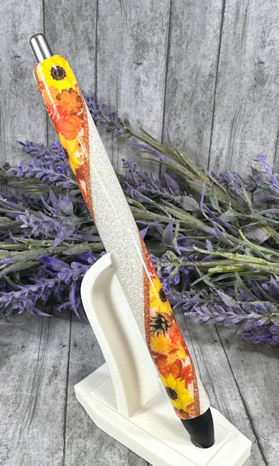 Handmade Fall flowers glitter pen with free refill