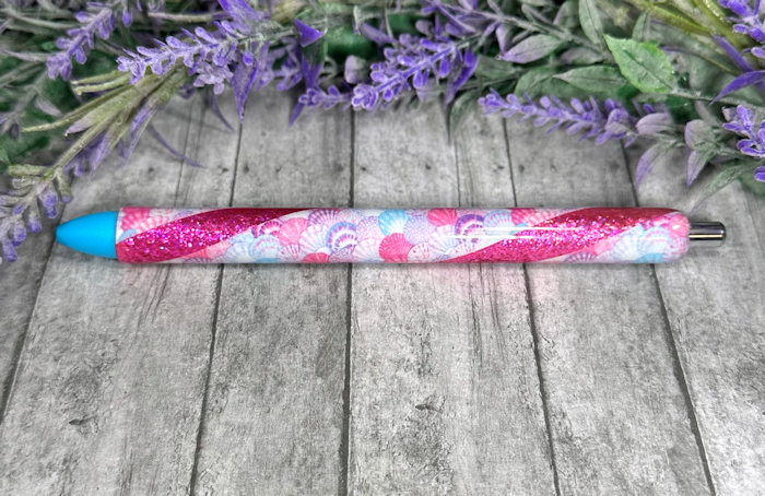 Handmade Seashells on pink glitter pen with free refill