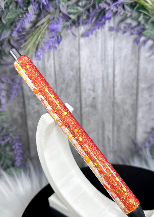 Handmade Fall Flowers on orange glitter pen with free refill