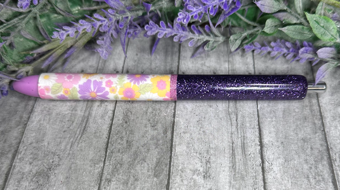 Handmade Purple and Flowers glitter pen with free refill
