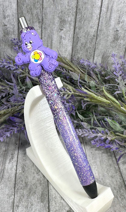 Handmade Purple Care Bear glitter pen with free refill