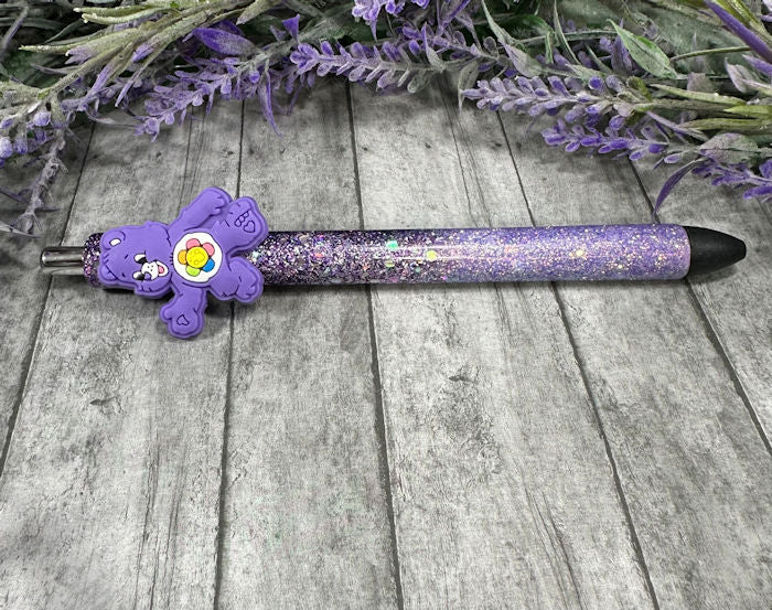 Handmade Purple Care Bear glitter pen with free refill