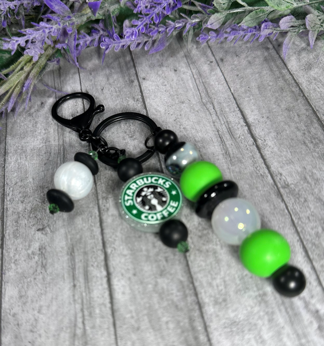 Handmade Beaded Starbucks Keychain With Clip and Keyring