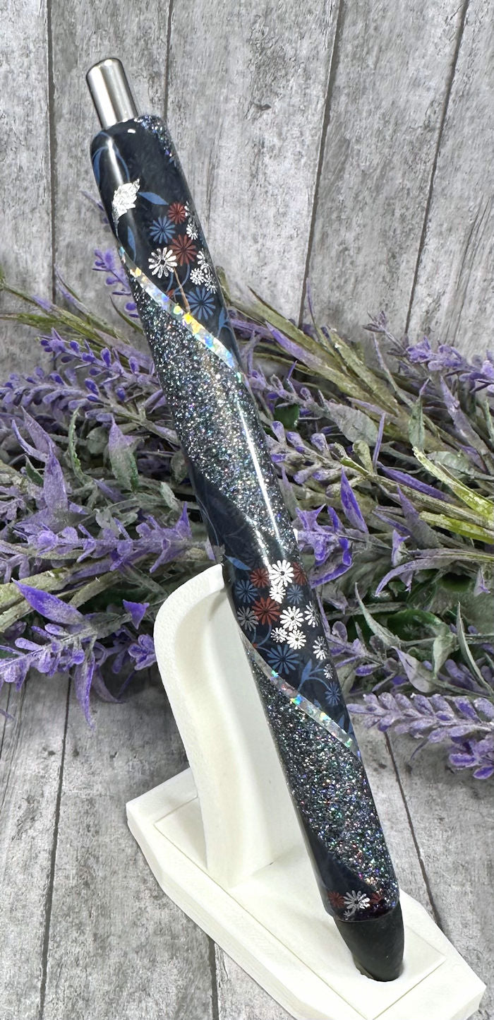 Handmade Midnight Blue and Silver flowers Washi Tape glitter pen with free refill