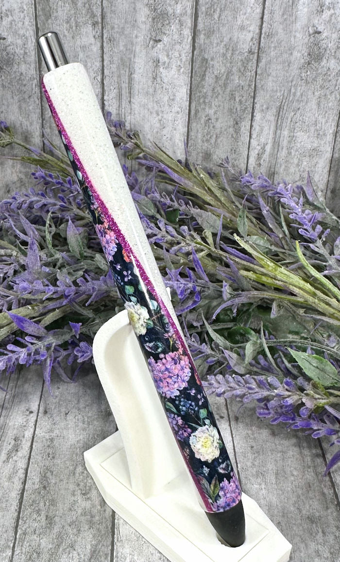 Handmade Black and Purple flowers glitter pen with free refill