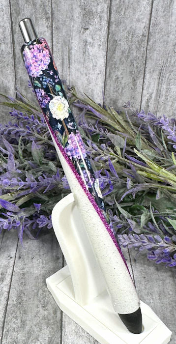 Handmade Black and Purple flowers glitter pen with free refill