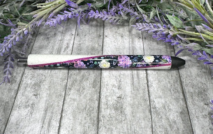 Handmade Black and Purple flowers glitter pen with free refill