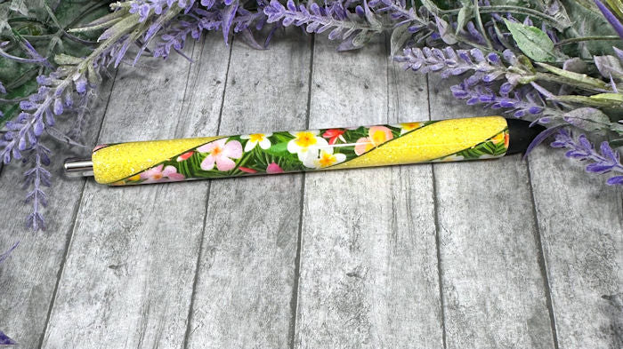 Handmade Flowers on yellow glitter pen with free refill