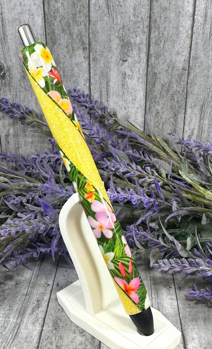 Handmade Flowers on yellow glitter pen with free refill