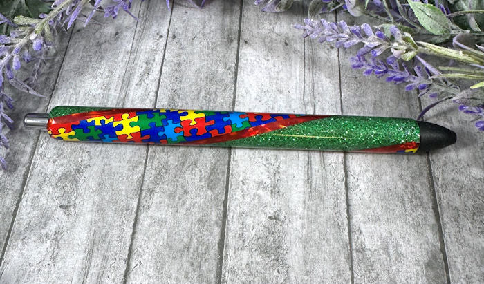 Handmade Autism Awareness Washi Tape on green glitter pen with free refill