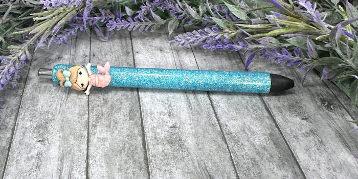 Handmade Baby Mermaid on aqua glitter pen with free refill