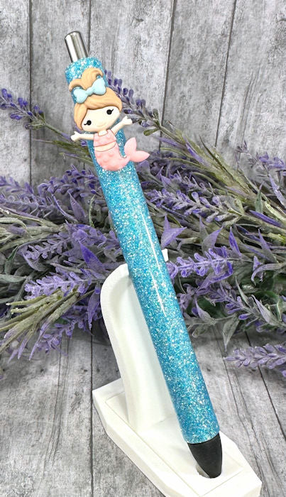 Handmade Baby Mermaid on aqua glitter pen with free refill