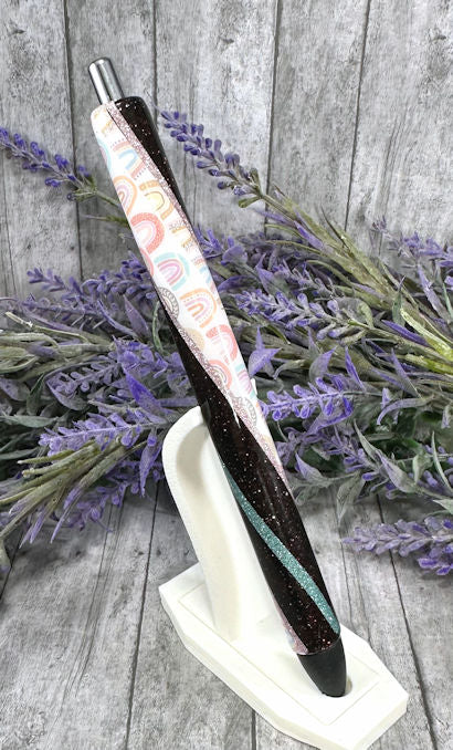 Handmade Boho Rainbows on dark brown glitter Washi Tape pen with free refill