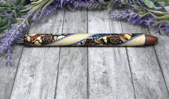 Handmade Western Rodeo Print on tan glitter pen with free refill
