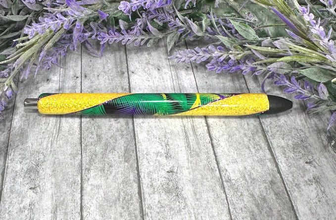Handmade Mardi Gras Feathers Washi Tape on Yellow glitter pen with free refill