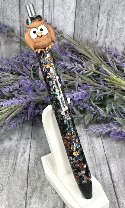 Handmade Autumn Owl glitter pen with free refill