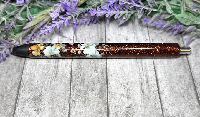Handmade Brown with flower ombre glitter pen with free refill