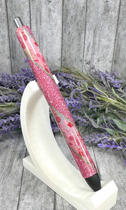 Handmade Dark Pink flowers Washi Tape on pink glitter pen with free refill