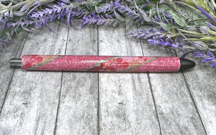 Handmade Dark Pink flowers Washi Tape on pink glitter pen with free refill