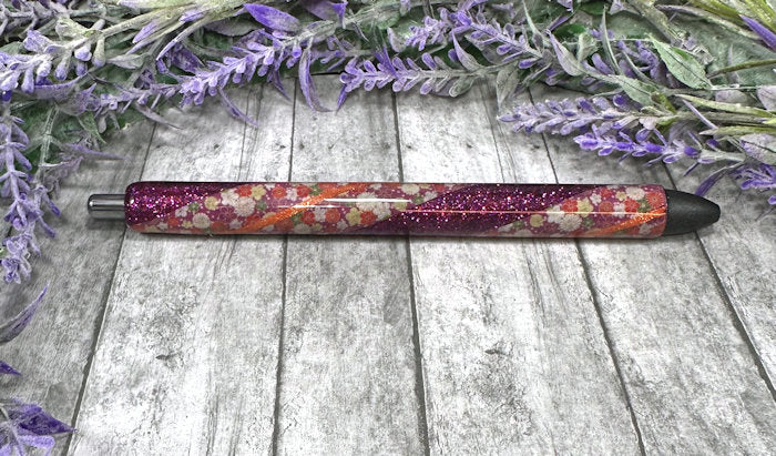 Handmade Burgundy and Orange flowers Washi Tape glitter pen with free refill