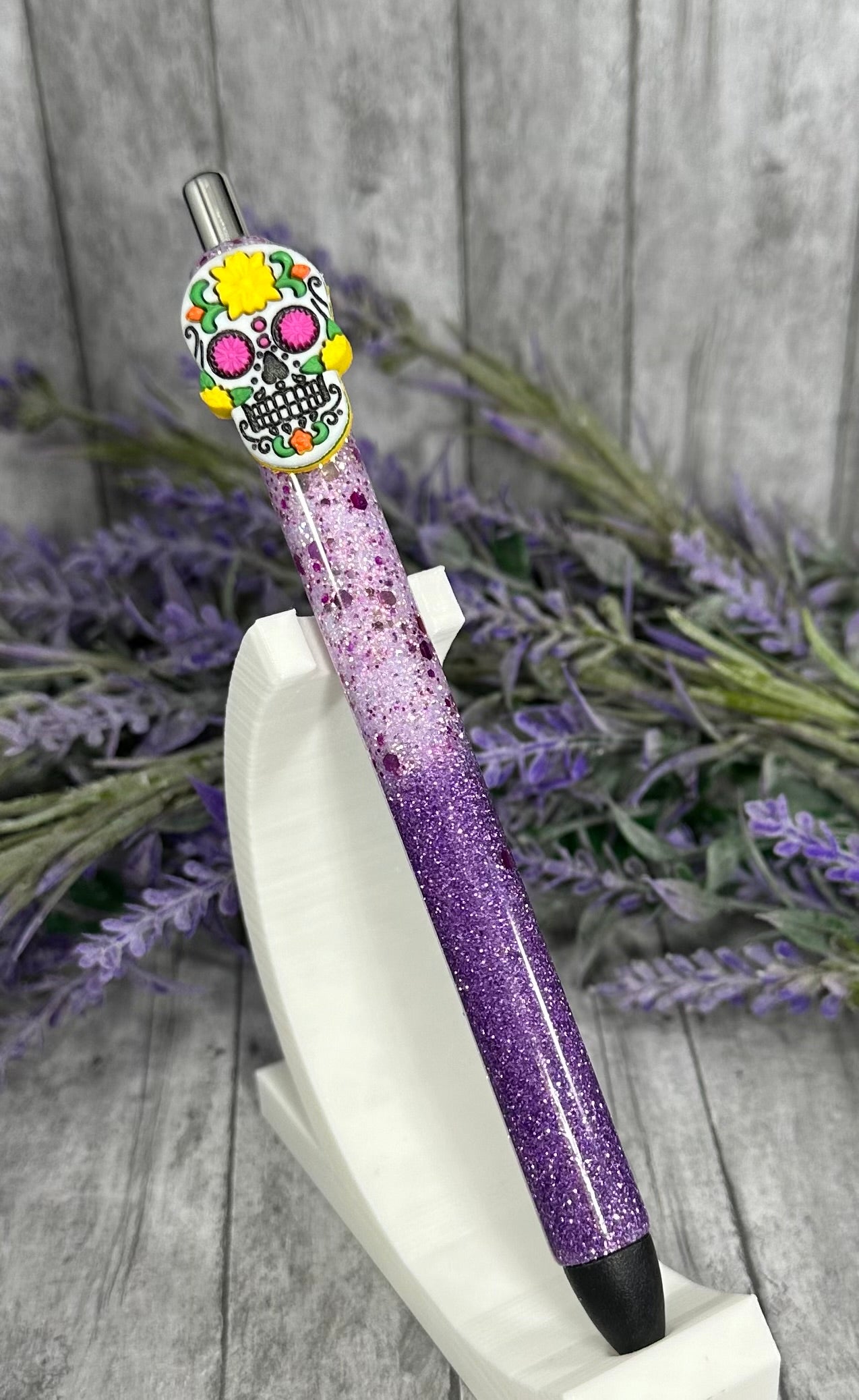 Handmade Halloween Sugar Skill on purple glitter pen with free refill