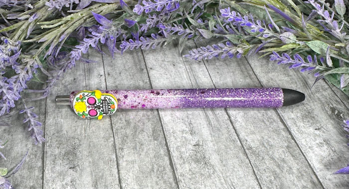 Handmade Halloween Sugar Skill on purple glitter pen with free refill